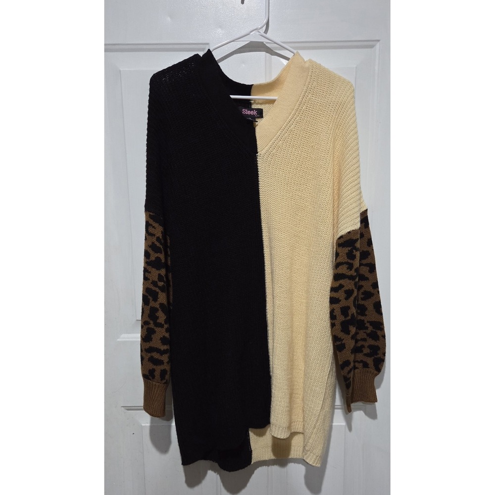 Sleek Leopard, Black & Cream Colorblock Long Sleeve Sweater Dress Women Plus 3XL